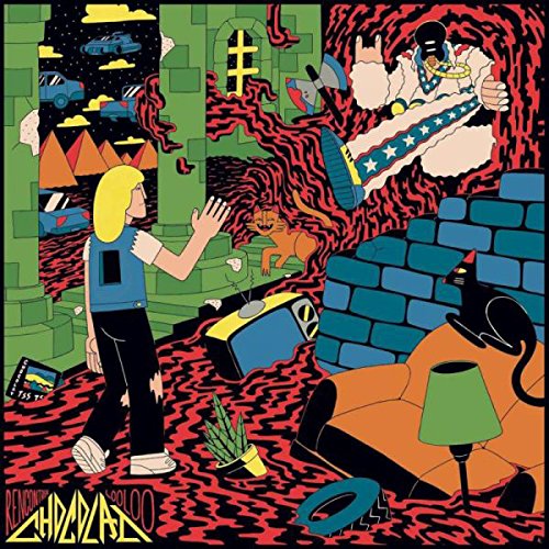"Album cover art featuring a surreal, cartoonish scene with a person and chaotic elements."