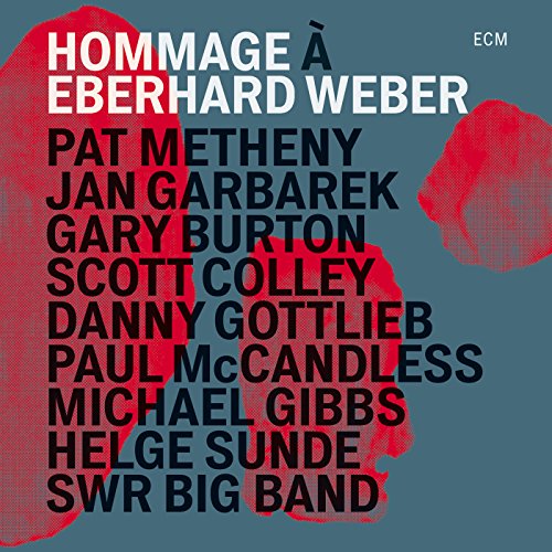 "Blue album cover with red splatters and black and white text listing musicians."