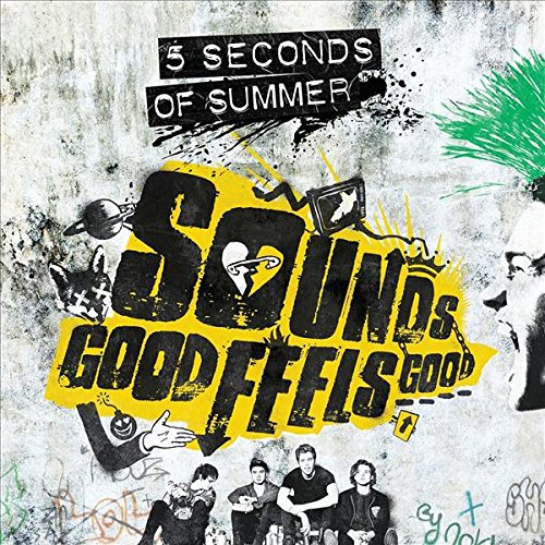 "Album cover with 'Sounds Good Feels Good' text, band members, and abstract design."