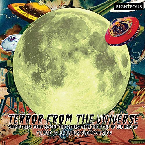 The image depicts a vibrant, futuristic scene with a large, pale yellow moon at its center. The title "Terror from the Universe" is prominently displayed, accompanied by the subtitle "Soundtrack from Beyond the Stars." A UFO is visible in the top-right corner, while another spaceship is seen in the top-left. The background features a reddish-brown landscape with a rocky terrain and a dark blue sky. The overall design suggests a retro-futuristic aesthetic, reminiscent of classic science