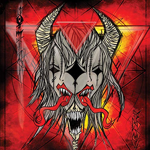 "Album cover with a demon-like creature and red, yellow background."