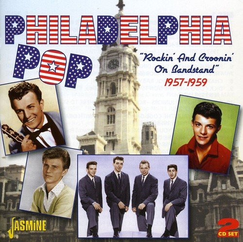 "CD cover with 'Philadelphia Pop' text, images of musicians, and a clock tower."