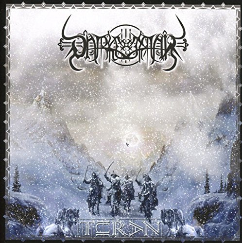 "Album cover featuring a warrior with wolves in a snowy landscape."