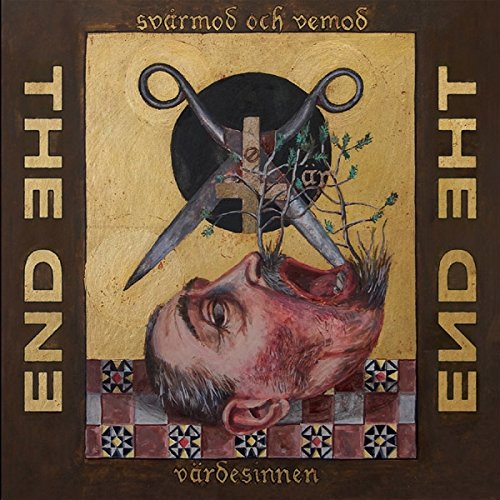 A CD cover featuring a man's severed head with scissors and foliage.