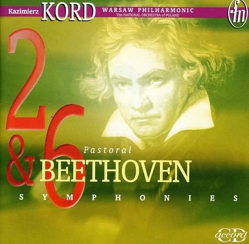 CD cover featuring Beethoven's portrait with text "2 & 6 Symphonies" on a green background.