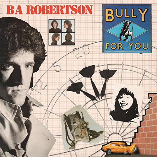 "Album cover with man, clock, and collage elements on graph paper background."