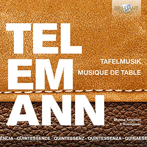 The image depicts a CD cover for "Tafelmusik" by Telemann. #### Alt Text Brown leather-textured CD cover with white text, featuring "TELEMANN" prominently.