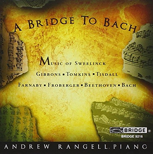 "CD cover with yellow background, sheet music, and text 'A Bridge to Bach'."