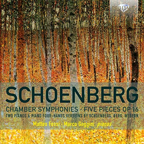 "CD cover with autumn forest scene, featuring 'Schoenberg' in large text."