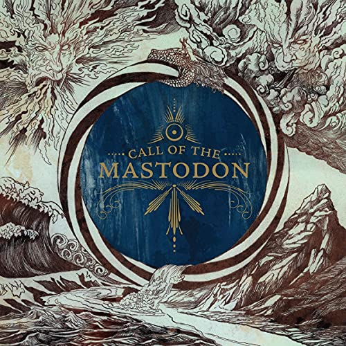 "Vinyl album cover with 'Call of the Mastodon' text, surrounded by ocean and sea creatures."
