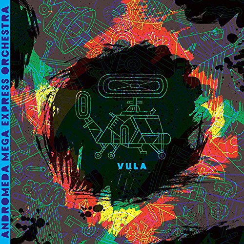 "Vinyl album cover with abstract, multicolored design and robotic figure."