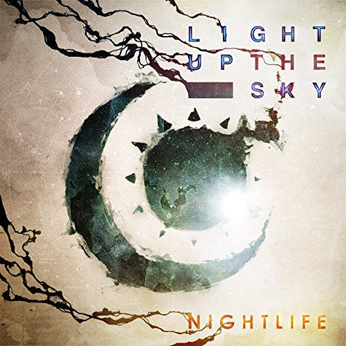 Album cover with abstract green and white design, title "Light Up The Sky" and "NightLife".