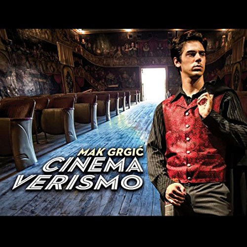 A man dressed as a vampire in an old, ornate theater, with text "Mak Grgic Cinema Verismo".