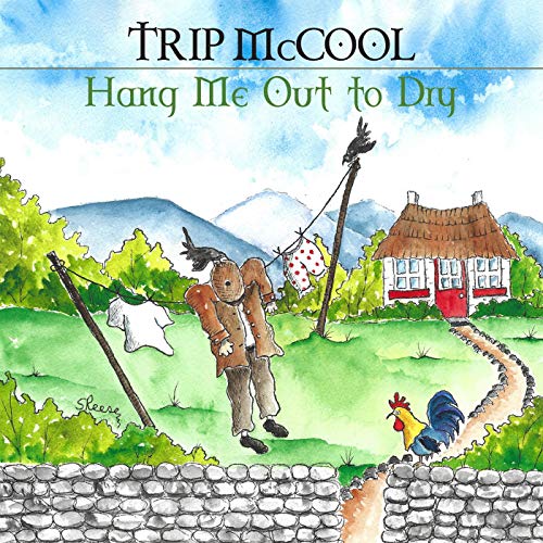 "Album cover art: whimsical watercolor illustration of man hanging laundry, with house and rooster."