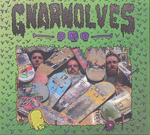 Album cover with three men's faces amidst skateboards on a green background with purple bats.