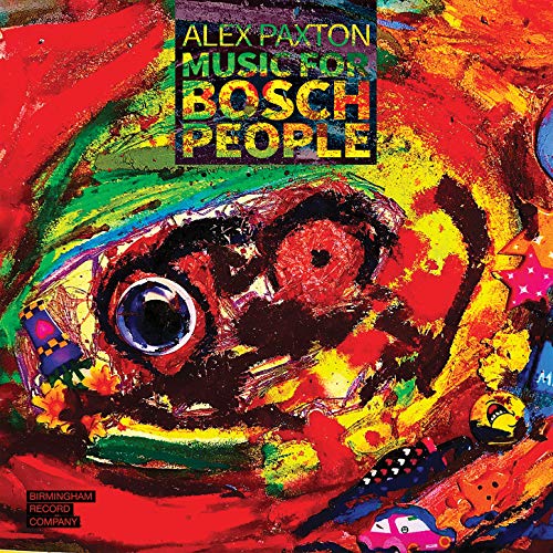 "Album cover with abstract, colorful face and text 'Alex Paxton - Music for Bosch People'."