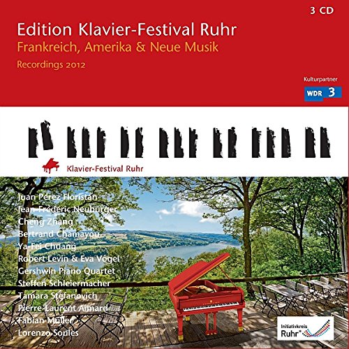 "CD cover with red piano on a forest patio, surrounded by trees and a river."