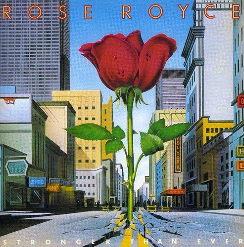 "Album cover with a red rose in a city street, 'Rose Royce - Stronger Than Ever'."