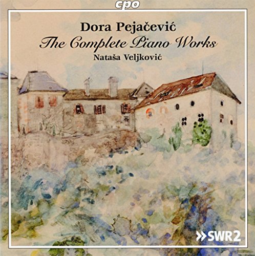 "Album cover with watercolor painting of white buildings and greenery, titled 'The Complete Piano Works'."