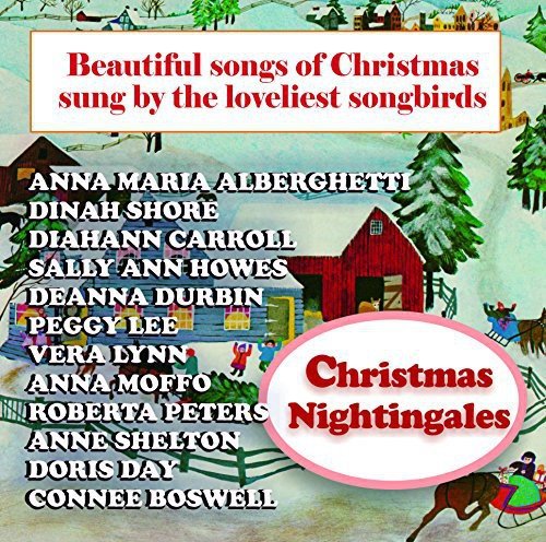 "Christmas CD cover featuring a snowy village scene, red barn, and sleighs."