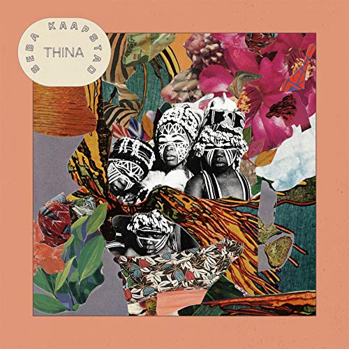 "Album cover with collage of black and white figures and flowers on peach background."
