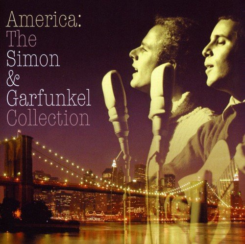 "CD cover featuring Simon & Garfunkel with microphones, overlooking a lit bridge at night."
