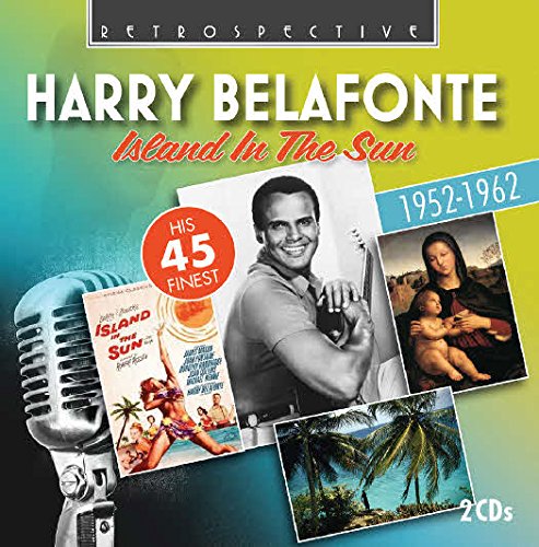 "CD cover with Harry Belafonte's image, microphone, and tropical scenes on a blue and yellow background."
