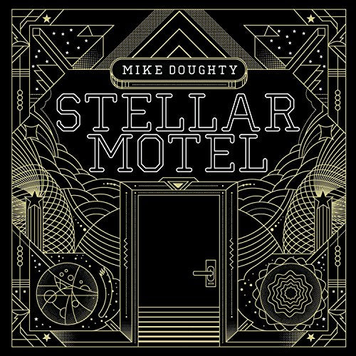 "Black vinyl album cover with gold line art and 'Stellar Motel' text."