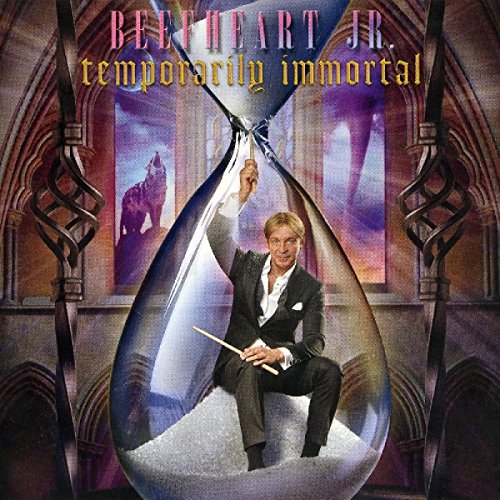 "Album cover: man in suit sitting in hourglass, holding drumstick, gothic background."