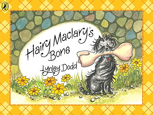 "Hairy Maclary's Bone" book cover featuring a dog holding a bone, surrounded by flowers.