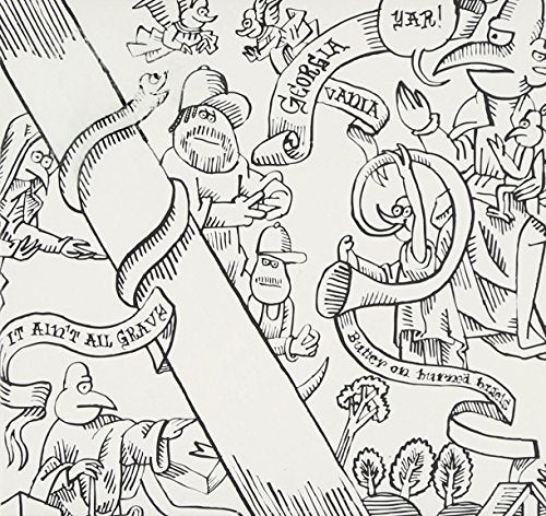 The image is a black-and-white illustration of anthropomorphic animals and humans, with banners and text. For accessibility purposes, a suitable alt text could be: "Black and white illustration of animals and humans with banners."