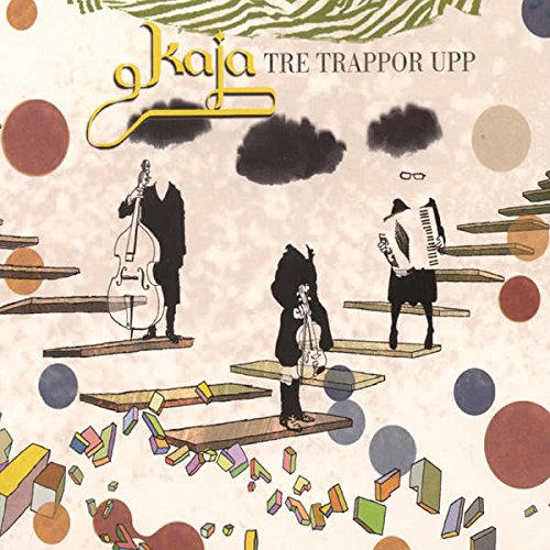 "Album cover with musicians on planks, surrounded by abstract shapes and colorful blocks."