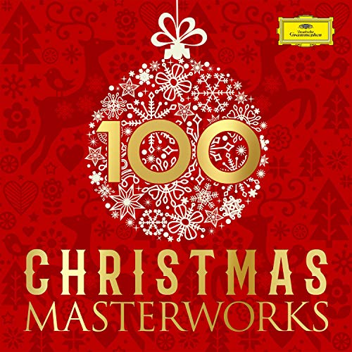 Red album cover with gold text and white ornament, featuring "100 Christmas Masterworks" title.
