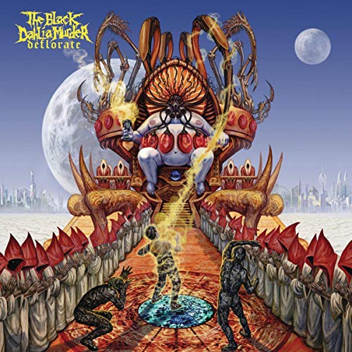 "Album cover art featuring a grotesque, tentacled creature on a throne, with robed figures."