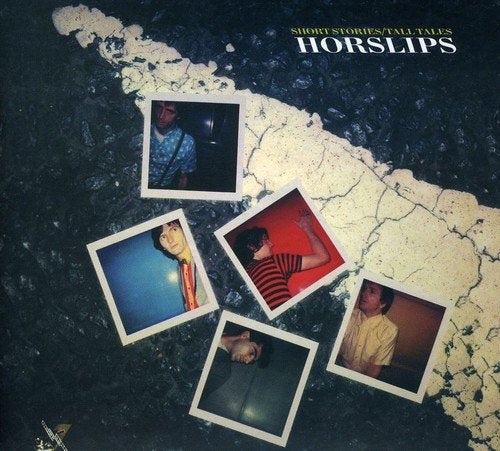 "CD album cover with five polaroid photos on cracked ground, featuring Horslips band members."