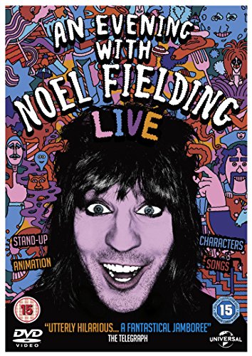DVD cover featuring Noel Fielding with cartoon background and colorful text "An Evening With Noel Fielding Live".