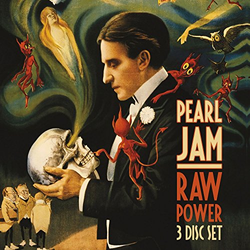 Pearl Jam Raw Power album cover featuring a man holding a skull surrounded by demons.