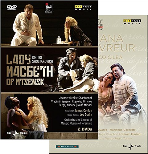 "DVD cover with opera scenes, 'Lady Macbeth' and 'Ana Vreurr' titles, and cast information."