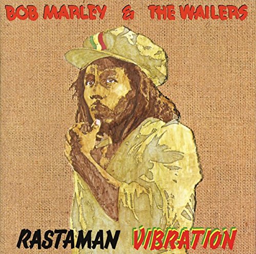 "Bob Marley album cover with a man in a hat on burlap background."