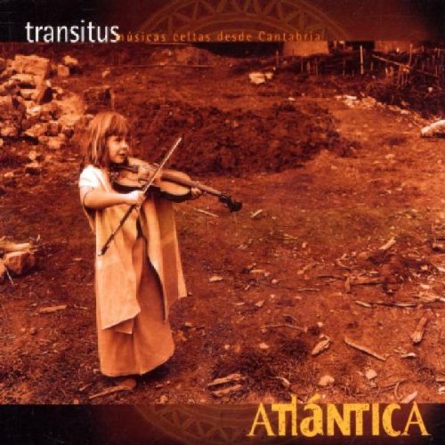 Woman in beige dress plays violin outdoors amidst debris, with text "Atlantica" and "transitus".