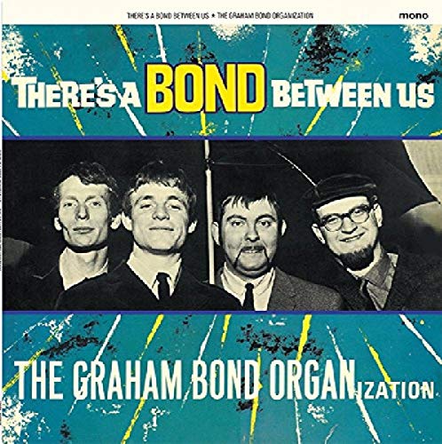 "Album cover with four men in black and white, on a teal background."