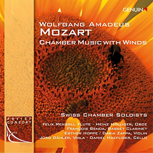 "CD cover featuring a close-up of a sunflower with white text listing Mozart's chamber music."
