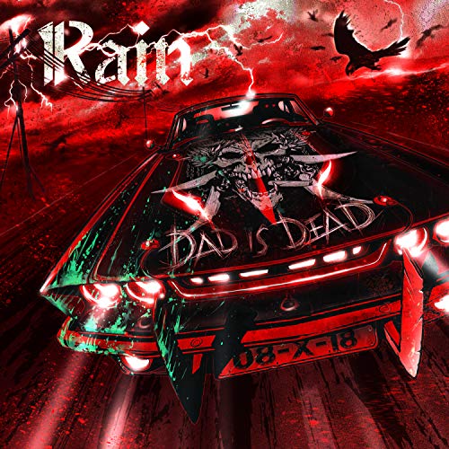 Album cover art: a car with 'Dad is Dead' on the trunk, surrounded by red and black tones.