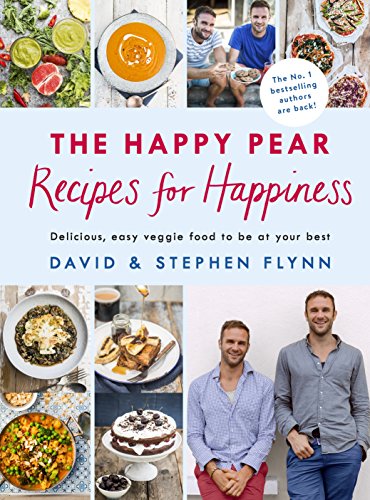 "The Happy Pear: Recipes for Happiness" cookbook cover featuring images of food and two men.