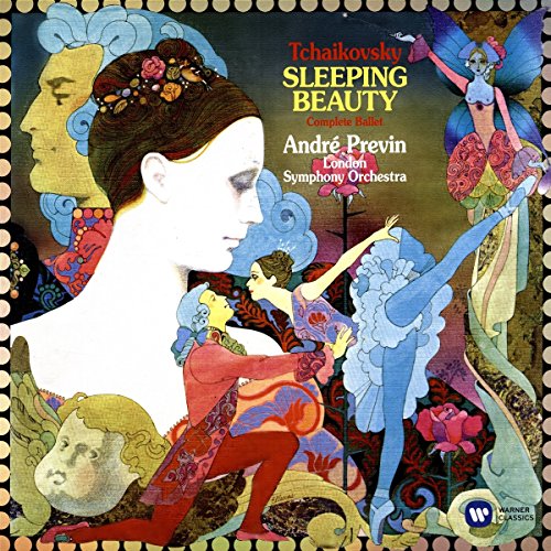 "Vinyl record cover featuring Tchaikovsky's 'Sleeping Beauty' with illustrations of ballerinas and a woman."