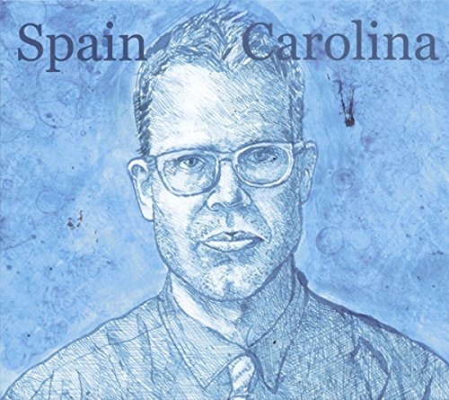 "Blue-toned sketch of a man wearing glasses, with 'Spain Carolina' text above."