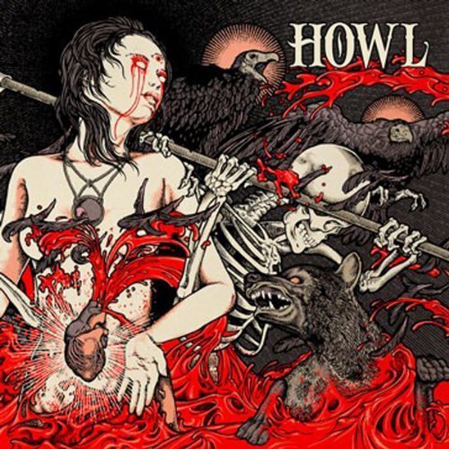 The image is a CD cover for "Howl - Bloodlines". The alt text is: "CD cover with bloody illustration of a warrior and skeletons."