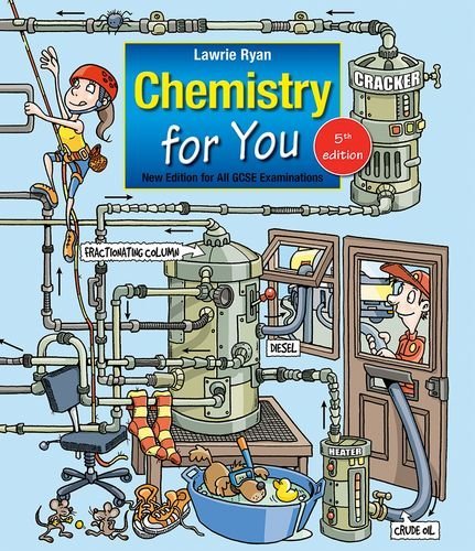 "Book cover with cartoon illustration of a chemistry lab and a girl climbing pipes."