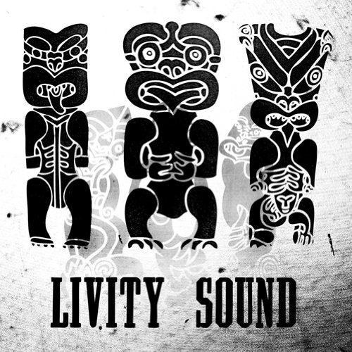 "Livity Sound" album cover featuring three black tribal figures on a textured white background.