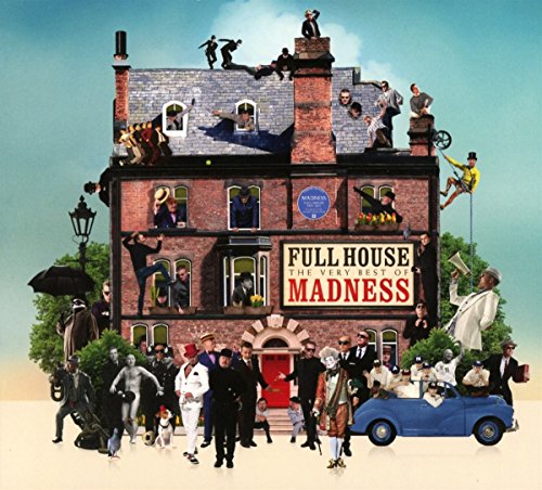 "Album cover featuring a brick house with people in various poses around and on it."